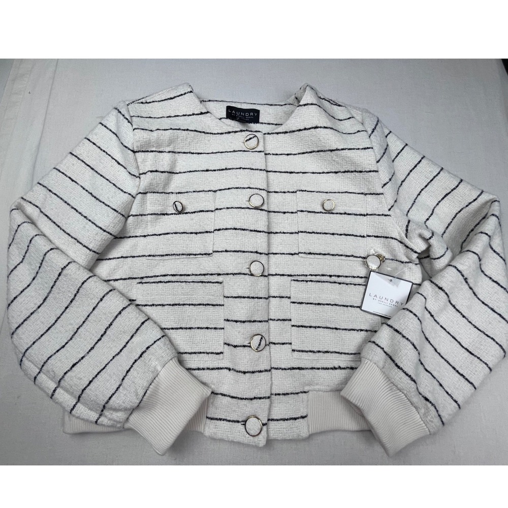 Laundry by Shelli Segal Tweed Bomber Jacket White Black Striped Gold Button L